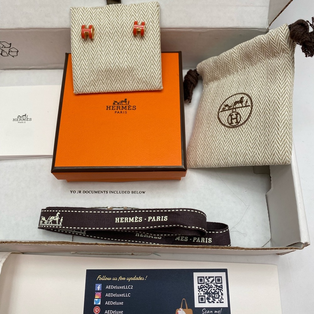 ❤️‍🩹SOLD❤️‍🩹 Hermès Mini Pop H Earrings Orange Enamel Rose Gold